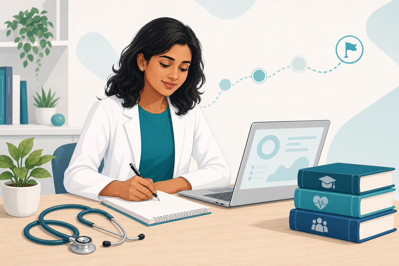 Illustrated adult healthcare student learning with a laptop and study materials